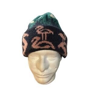 Vintage VTG winter wool ski hat beanie flamingos pink and green made in vermont